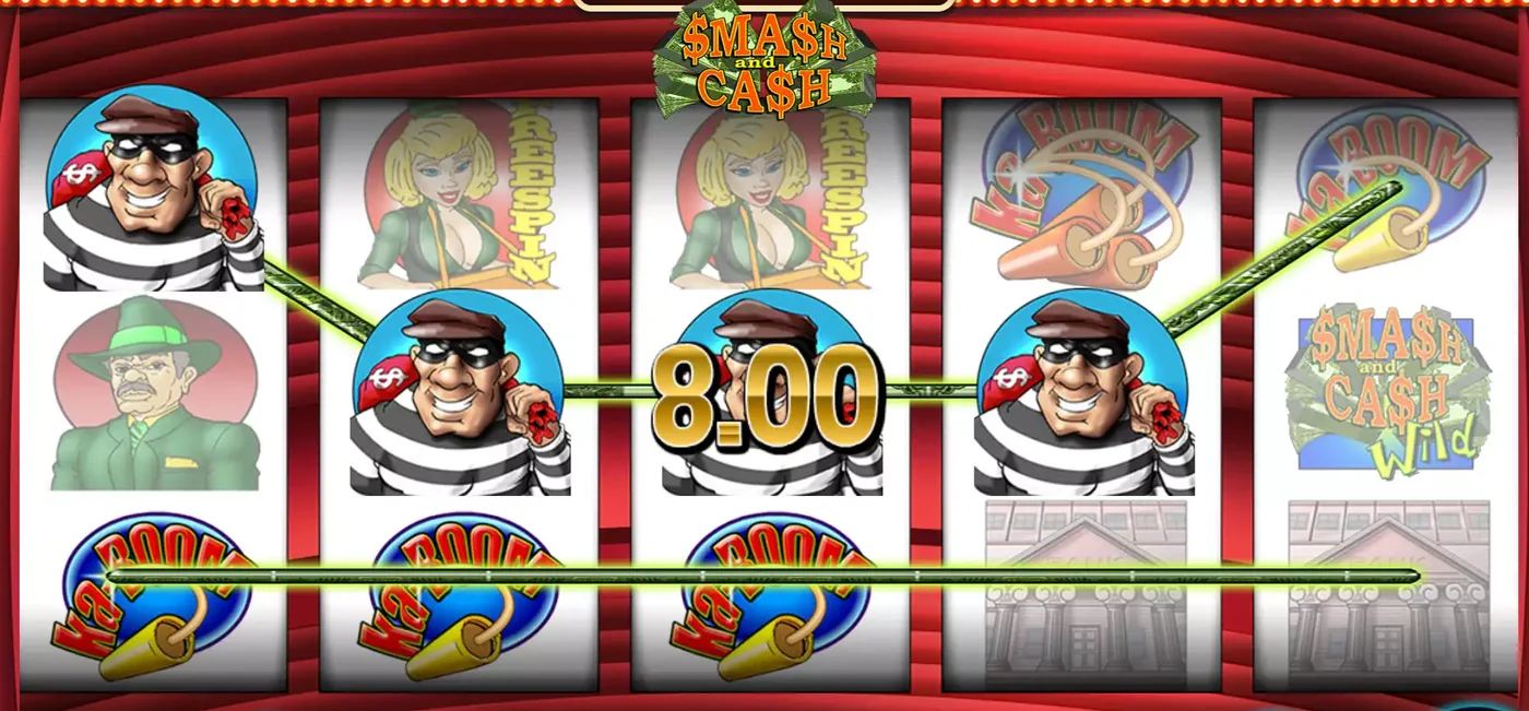 Smash and Cash slot — reels with the Jackpot meter, Ka-Boom dynamite and the bank robber symbols