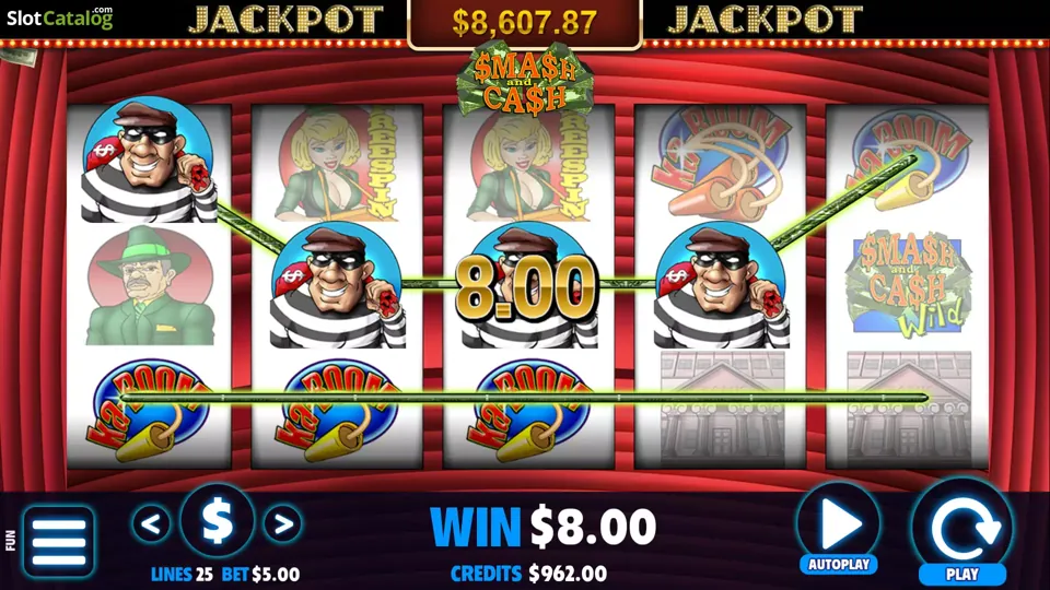 Smash and Cash slot gameplay: winning line across the robber symbols with the jackpot meter